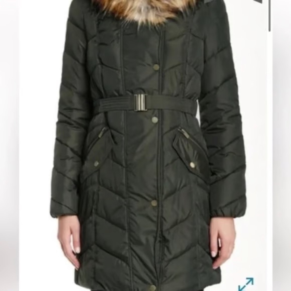 RACHEL Rachel Roy Dark Green Puffer Jacket with Faux Fur